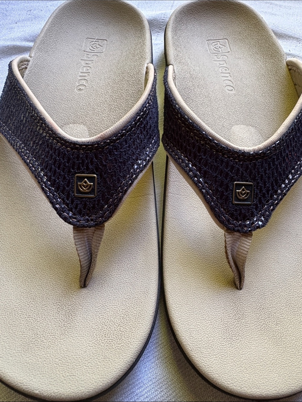 Spenco Yumi Snake Print Orthotic Thong Sandals Blue Tan Size 8